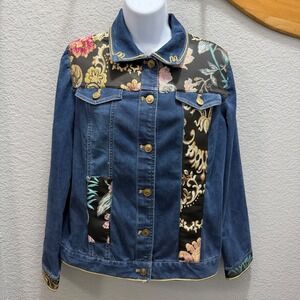 Chicos Denim Jacket Embellished Floral Dark Wash Button Tapestry Womens Size 4-6